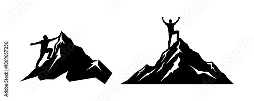 Two Silhouetted Figures Reaching the Summit of Rocky Mountains, Symbolizing Achievement, Success, and Overcoming Challenges