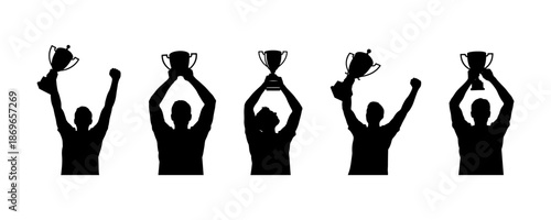 Silhouettes of victorious people celebrating their championship success, holding various shiny trophy cups high in the air as a symbol of achievement and triumph