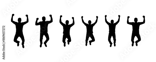 Group of six jumping silhouettes of people in mid-air, celebrating success and joy with arms raised in the air