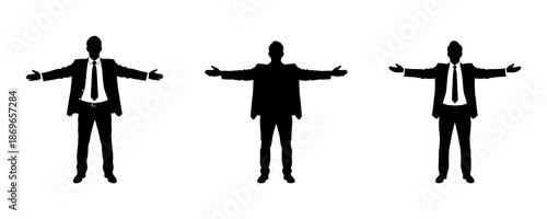 Silhouettes of businesspeople in suits with arms outstretched, representing openness, welcome, or a call to action