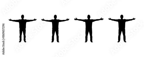 A row of four identical silhouettes of people with arms outstretched, symbolizing unity and collective action in a conceptual illustration