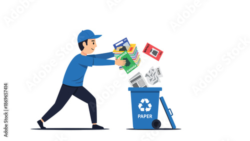 Person Recycling Paper Products into Blue Bin for Environmental Conservation