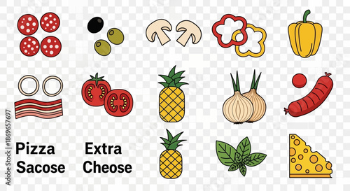 Colorful cartoon pizza toppings including pepperoni, mushrooms, olives, bell peppers, and cheese