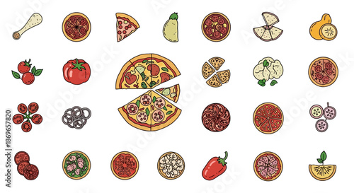 Collection of various pizza slices and toppings including vegetables and cheese on white background