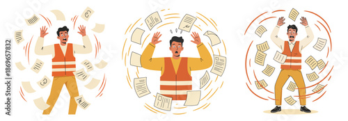 Workers overwhelmed by flying papers in chaos