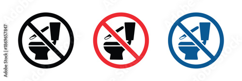 Three toilet prohibition signs in black, red and blue, no toilet use or restricted area symbols, clean vector illustration isolated on white background suitable for public spaces, facilities, 