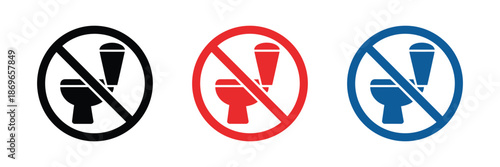 Three prohibition signs with toilet icon in black, red and blue, indicating no toilet use or restricted area, vector illustration isolated on white background for public signage, apps, 
