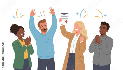 Diverse team celebrating success with contract and sparkles