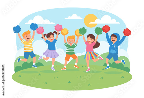 Kids cheering with pom-poms in sunny park