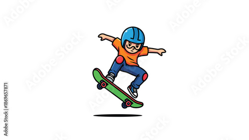 Cartoon Skateboarder Performing Trick with Helmet and Safety Gear