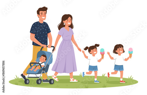 Happy family walking with baby stroller and ice cream