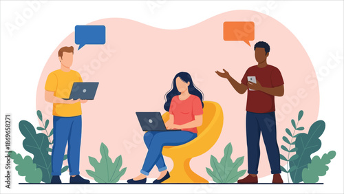 Team working in office or casually brainstorming with laptops and discussion.eps