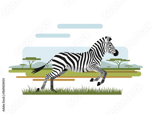 A majestic zebra galloping across a grassy savanna landscape under a stylized sky with acacia trees