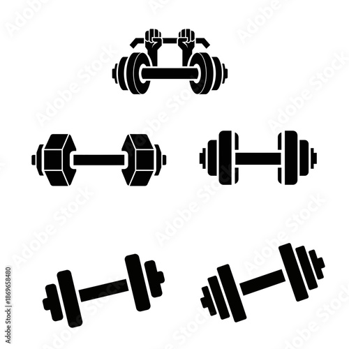 Collection of black silhouette icons depicting various dumbbells and barbells for weightlifting and fitness exercises on a white background.