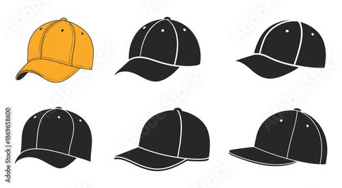 baseball caps in varying colors and shades, featuring vector illustrations of hats for fashion design