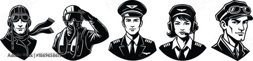Aviator silhouettes, pilot evolution, vintage helmet, commercial uniform, military salute, female pilot, black icons, white background, aviation diversity concept