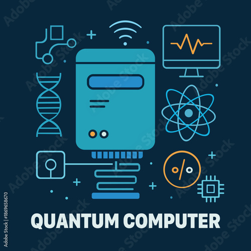 Quantum Computer Technology Illustration with AI, DNA, and Cybersecurity Icons