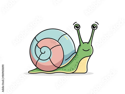 Cute cartoon snail character with big eyes and a swirled shell, smiling happily