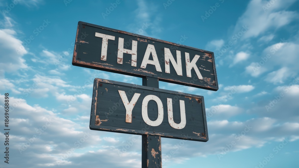 Fototapeta premium Vintage thank you sign against bright blue cloudy sky