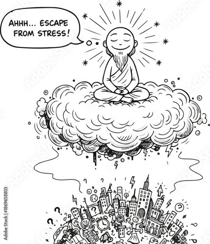 Cartoon of a meditating person floating above a stressful city.