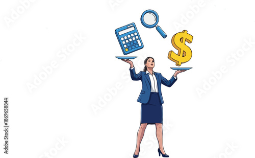 Businesswoman juggling finance and currency symbols.