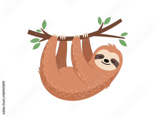 A cute cartoon illustration of a sloth hanging from a tree branch with green leaves