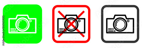 Collection of camera status icons for digital use, showing permitted and restricted photography zones with intuitive green, red, and black color coding