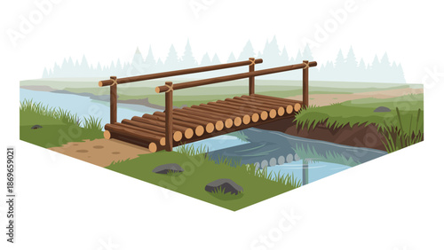 Charming rustic wooden bridge, crafted from logs, spans a gentle flowing stream amidst lush green grassy banks and distant woodland trees.