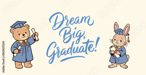 Cute animal friends graduates. Bear and rabbit characters celebrating graduation. Vector illustration.