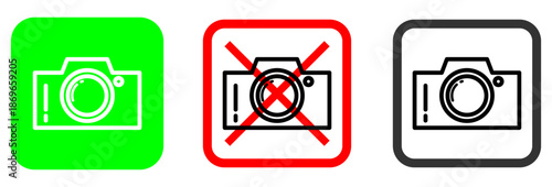 Collection of camera status icons for digital use, showing permitted and restricted photography zones with intuitive green, red, and black color coding