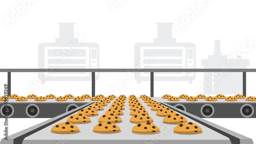 Efficient factory floor displays numerous conveyor belts steadily carrying long rows of delicious chocolate chip cookies towards industrial ovens in the background.