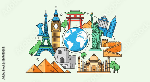 Colorful illustration of famous landmarks and monuments around the world, including the Eiffel Tower, Statue of Liberty, and Great Wall.