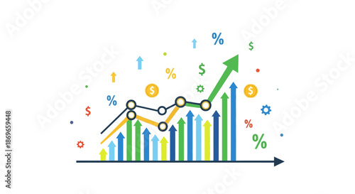 A colorful infographic depicting a growing business graph with rising arrows and increasing profits