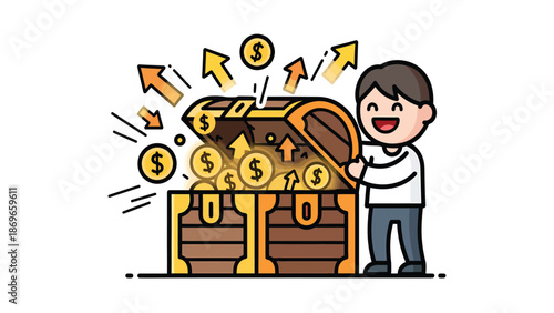 Cartoon Character Discovering Treasure Chest Overflowing with Gold Coins
