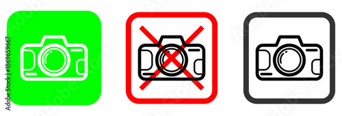 Collection of camera status icons for digital use, showing permitted and restricted photography zones with intuitive green, red, and black color coding