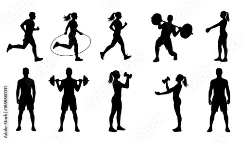 Fitness Training Action People Silhouette Flat Vector Set