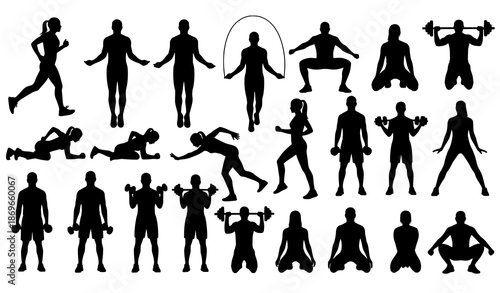Men and Women Exercising Black Fitness Silhouette Collection