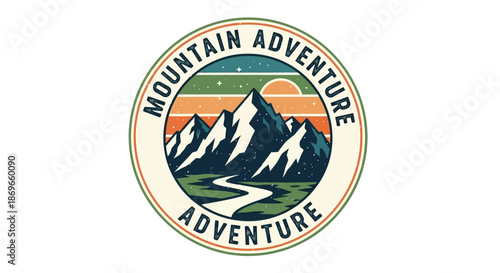 Vintage mountain adventure logo with mountains and river at sunset