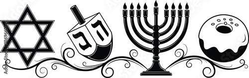 Black and white of Star of David, dreidel, menorah, and jelly doughnut Hanukkah