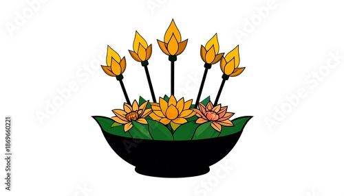 Loy Krathong festival floating basket with lotus flowers and candles.