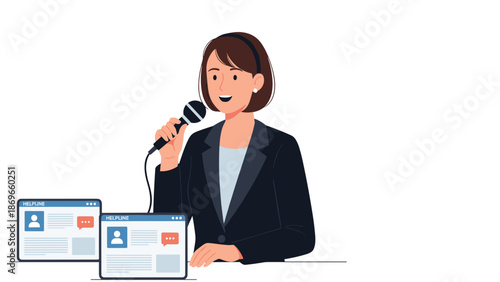 Confident woman holds a microphone, actively engaging as a speaker or presenter, with social media profile interfaces displayed in the background.