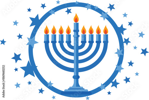 Blue and orange menorah with lit candles surrounded by stars in a circular pattern