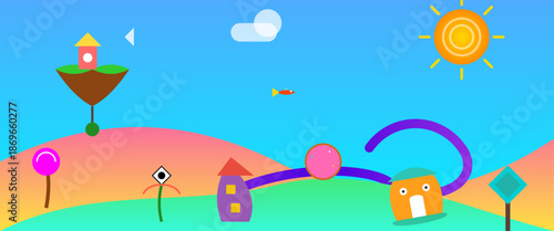 Whimsical Surreal Illustration of a Colorful Fantasy World with Houses and Geometric Sun