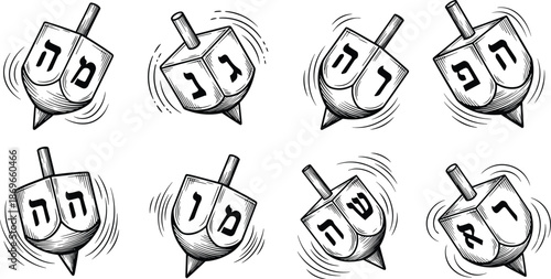 Spinning dreidels with Hebrew letters in black and white Jewish