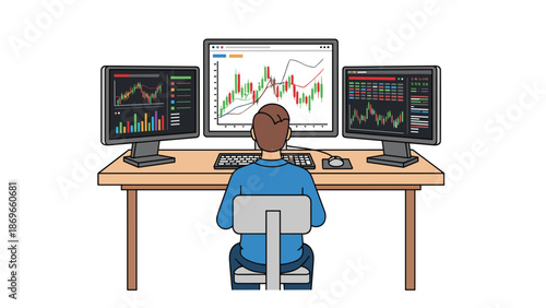 Dedicated individual sits with their back to the viewer, immersed in a multi-monitor setup displaying complex financial charts and dynamic stock market data.