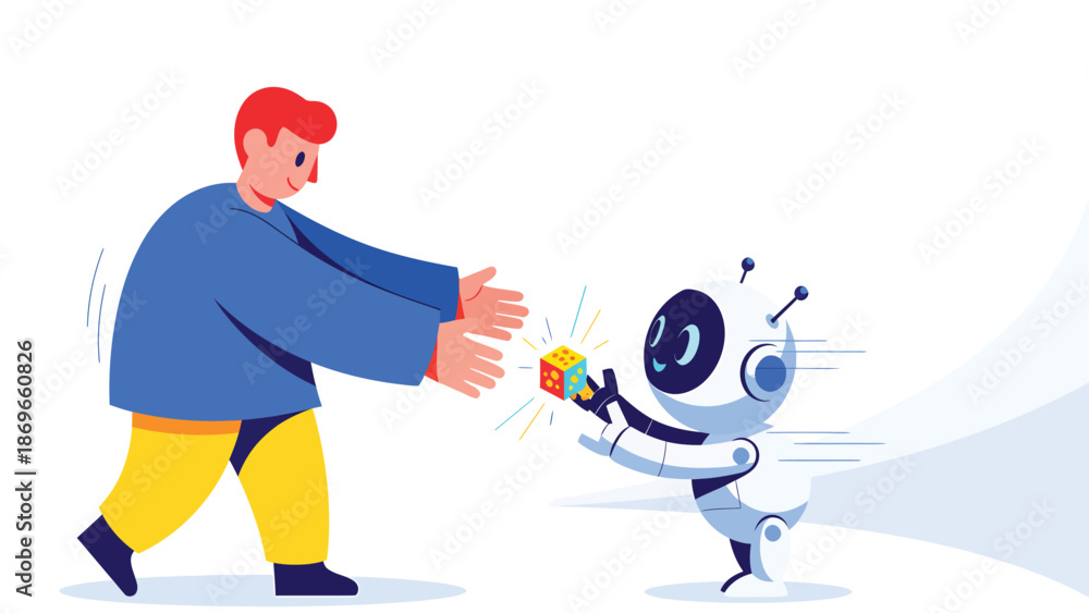 Fototapeta premium Human and Robot Interaction with Gift Exchange in a Colorful Illustration