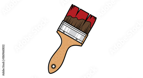 Colorful cartoon paintbrush with red and brown bristles and wooden handle isolated on white background.