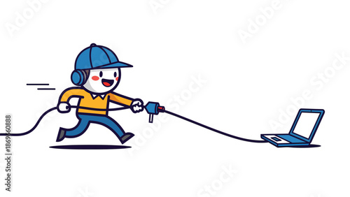 Cartoon Character Plugging in Laptop Illustration