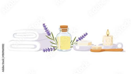 Elegant and simple spa setup featuring freshly folded white towels, fragrant lavender sprigs, a bottle of essential oil, a bar of soap, a lit candle, and a body brush.