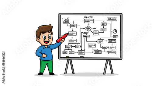 Cartoon Character Presenting Business Strategy Flowchart on Whiteboard
